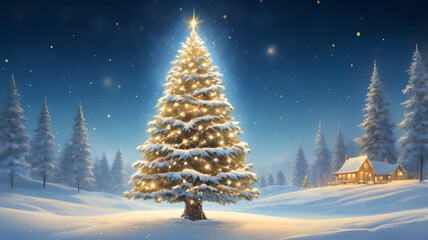 Obraz premium christmas tree with candles, golden christmas tree, christmas tree with stars and snowflakes, blue background, ai generated