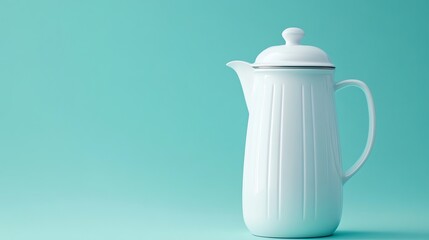 Fototapeta premium A white ceramic pitcher with a lid on a blue background.