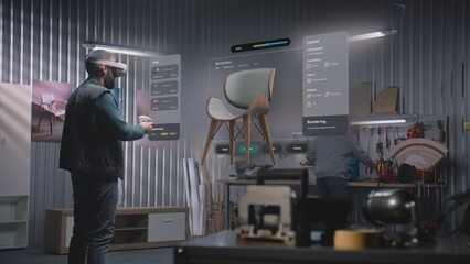 Modern workshop: Professional craftsman or designer in AR headset assembles chair in virtual space...