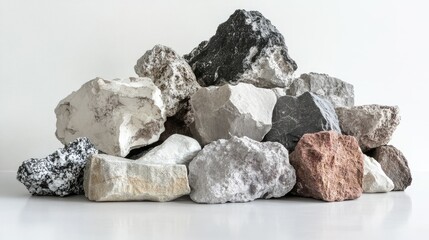 Naklejka premium A pile of textured stones in various shades of gray and brown, set cleanly on a white surface.