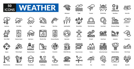 Weather line icon collection set. Includes sunshine, rain, storm, clouds, snow, temperature, wind, thunder, forecast, humidity, lightning, breeze, weather vane, precipitation, barometer