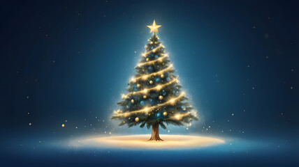 christmas tree with candles, golden christmas tree, christmas tree with stars and snowflakes, blue background, ai generated