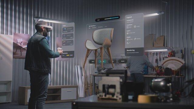 Modern workshop: Professional craftsman or designer in AR headset assembles chair in virtual space using software with AI-based user interface. 3D rendering of holographic furniture. Augmented reality