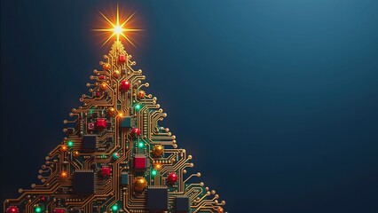 Circuit Board Christmas Tree - Festive Electronics, A unique Christmas tree constructed from a circuit board adorned with electronic components and twinkling lights.