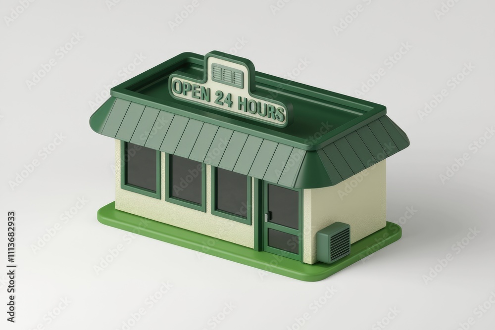 Poster A 3D model of a small building with a green roof and a sign that says 'Open 24 Hours'.