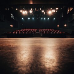 A wide shot of an empty theater with glowing lights and red velvet seats.