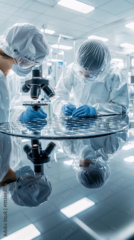Poster engineers inspecting a composite panel under a high-tech microscope in a modern laboratory setting