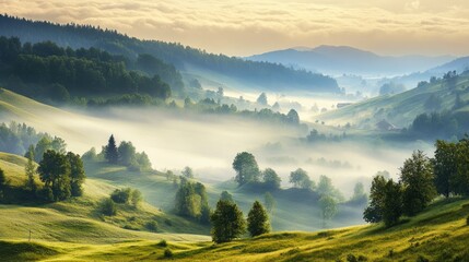 Obraz premium Misty mountain valley at sunrise, lush green hills, and tranquil atmosphere.