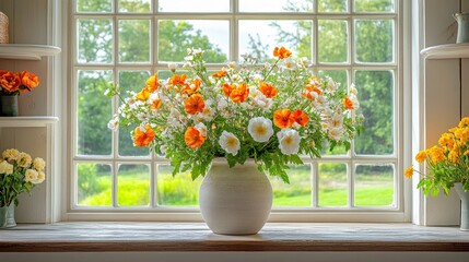 Fototapeta premium Bright living room adorned with fresh flowers for Imbolc celebration, welcoming spring and renewal into the home