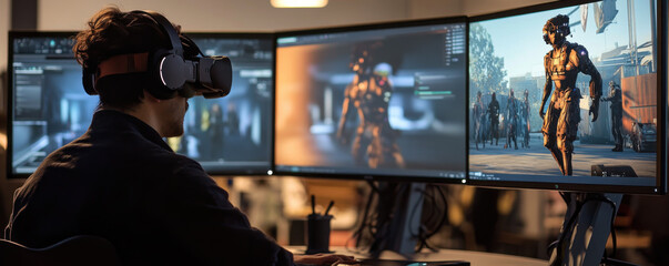 designer analyzing motion capture data on dual monitors, immersed in virtual reality. scene captures blend of technology and creativity in modern workspace