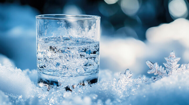 Icy glass of mineral water surrounded by soft snow and intricate ice patterns