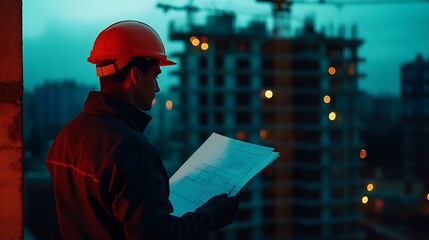 Engineer on a building construction site wearing safety helmet and holding a blueprints