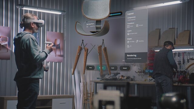 Modern workshop: Designer or artisan wearing virtual reality headset assembles chair using app with AI-based user interface. 3D visualization of holographic furniture. Augmented reality. VFX animation