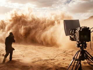 Fototapeta premium dramatic scene being filmed in desert sandstorm, capturing intensity of moment with swirling dust and film crew in action