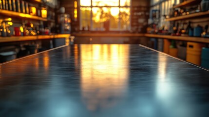 Fototapeta premium Shiny Metal Table in Workshop with Soft Ambient Light and Blurred Tools Background for Crafty Ideas and Designs