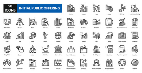 Initial public offering line icon collection set. Includes stock, investment, shares, capital, finance, equity, market, trading, growth, listing, valuation, investor, exchange, fundraising, business