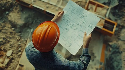 Engineer on a building construction site wearing safety helmet and holding a blueprints
