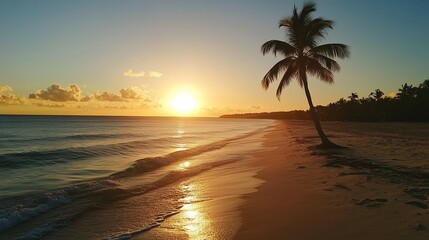 Sunset over a tranquil beach with palm trees and gentle waves on a serene coastline