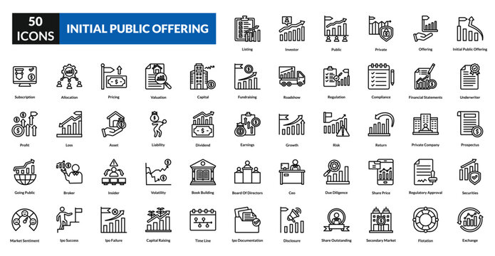 Initial public offering line icon collection set. Includes stock, investment, shares, capital, finance, equity, market, trading, growth, listing, valuation, investor, exchange, fundraising, business