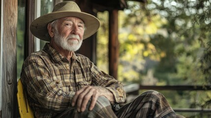 Obraz premium An old man sits in front of a house in the countryside. The natural light is quiet and copy space