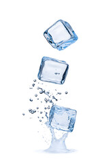Splashing ice cubes scattered in mid-air, dynamic motion effect isolated on white background