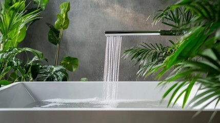 Modern bathtub with water flowing, surrounded by lush greenery, against a textured wall.