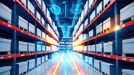 A futuristic warehouse with digital interfaces and organized shelves of boxes. - Powered by Adobe