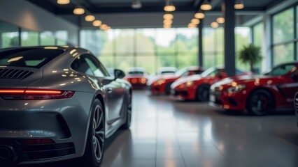 Car showroom with a magnificent view of the cars for sale. Car dealer with many cars indoors	