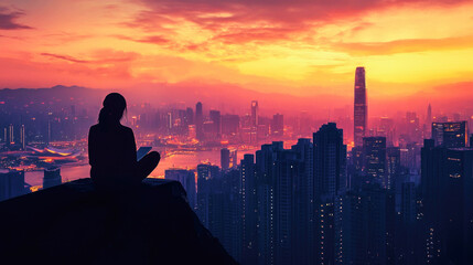 Fototapeta premium A businesswoman sits in silhouette, looking out over a vibrant city skyline at sunrise