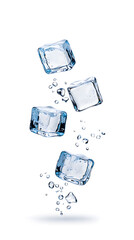 Splashing ice cubes scattered in mid-air, dynamic motion effect isolated on white background