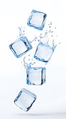 Splashing ice cubes scattered in mid-air, dynamic motion effect isolated on white background
