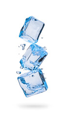 Splashing ice cubes scattered in mid-air, dynamic motion effect isolated on white background