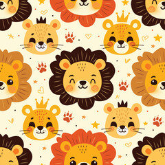 Fototapeta premium Hand drawn cartoon lion with stars seamless pattern. Doodle Character Animals Background. For kids apparel, baby product, Fabric, wrapping paper. Vector illustration