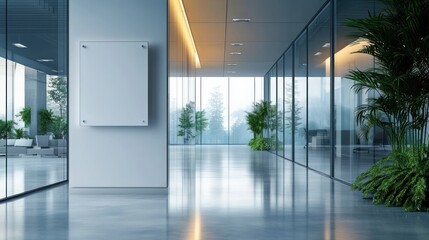 Modern Office Interior Signage Board Clear Nameplate Design with Glass Wall and Natural Light