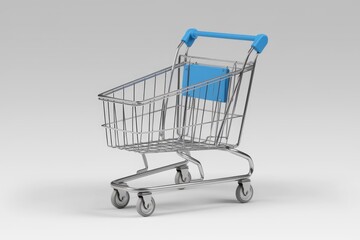 A chrome shopping cart with blue handle on a white background.