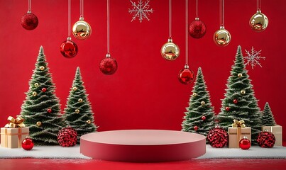 A red background with green paper-cut white pedestals for product display, surrounded by hanging decorations such as stars, balls, and gifts