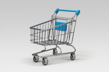 A chrome shopping cart with blue handle on a white background.