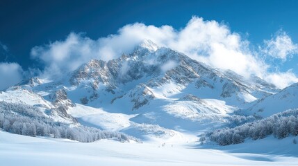 a snow covered mountain with mountains