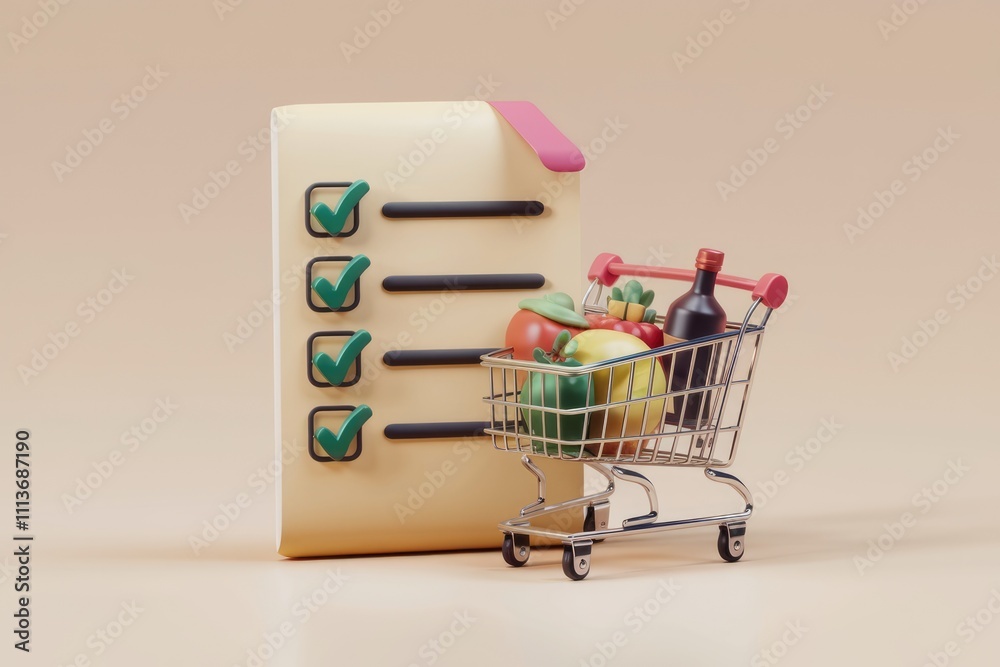 Aufkleber a shopping list with check marks next to a shopping cart filled with groceries.