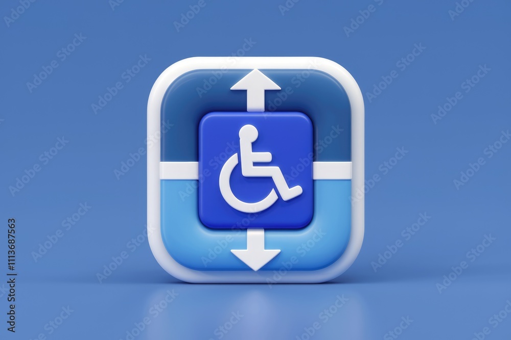 Poster 3D blue square button with white wheelchair icon and up down arrows