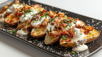 A plate of loaded potato skins topped with bacon, cheese, and sour cream.