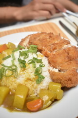 chicken katsu rice with curry sauce is very delicious, very close up photo, gives the pleasure of food