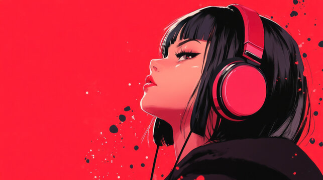 Anime girl listening to chill music with headphones. Manga style cartoon drawing