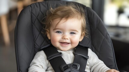 A baby sitting in a high chair with a fivepoint safety harness