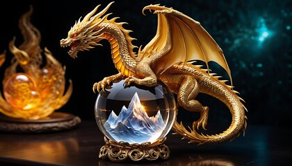 Fototapeta premium a dragon statue in a glass ball with mountains in the background.