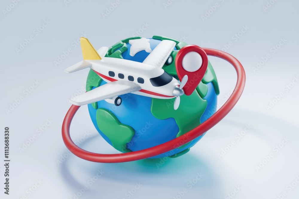Poster airplane flying around a globe with a pin pointing a location.