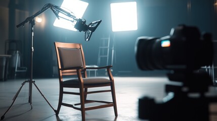 A wooden chair set for an interview under bright studio lights.