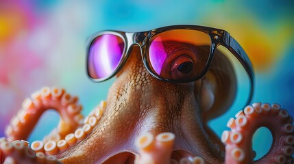 Cool octopus wearing sunglasses against a vibrant background.