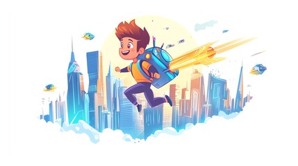 Cartoon illustration of a boy with a jetpack flying over a futuristic city.
