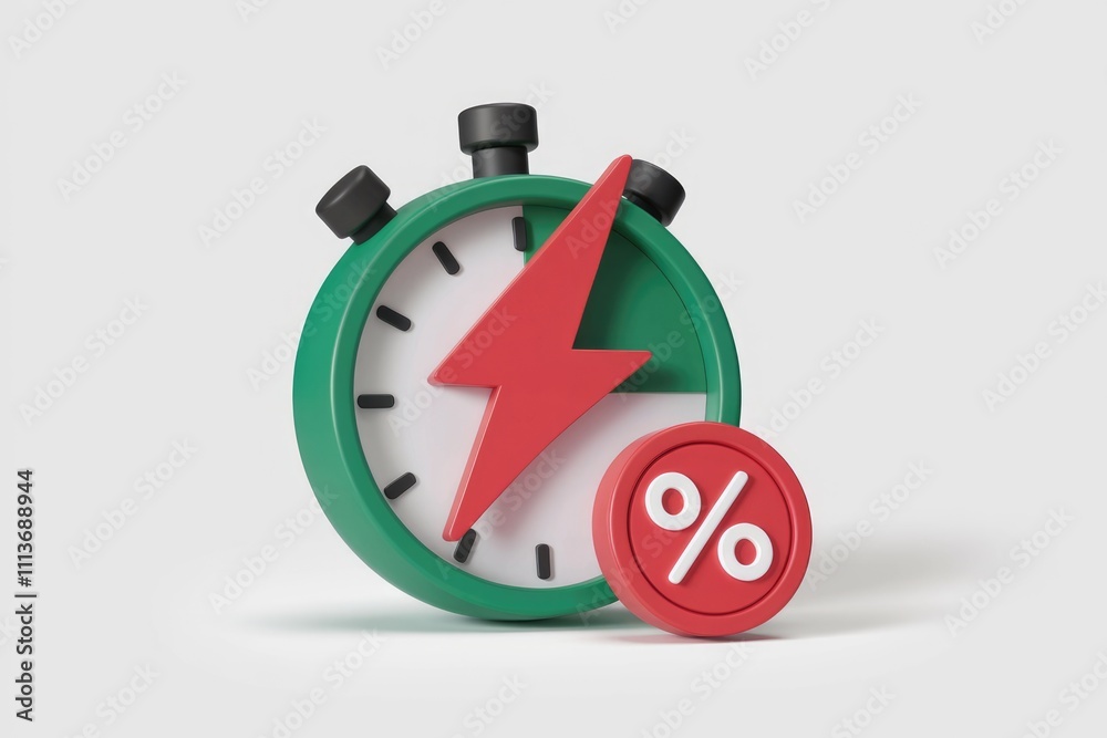 Poster A green stopwatch with a red lightning bolt and a red circle with a white percentage symbol.